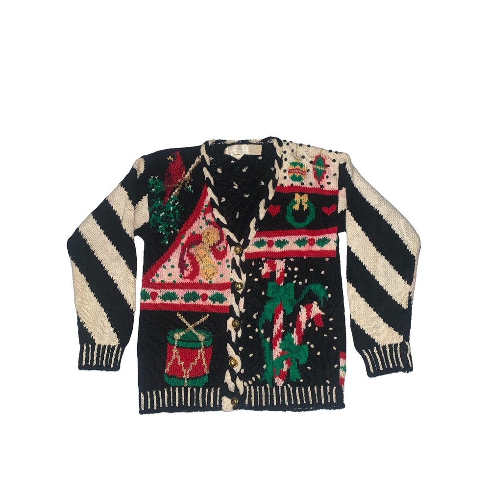 90s Eagles Eye Hand Knit Christmas Cardigan Sweater Sz M Grandmacore Vintage